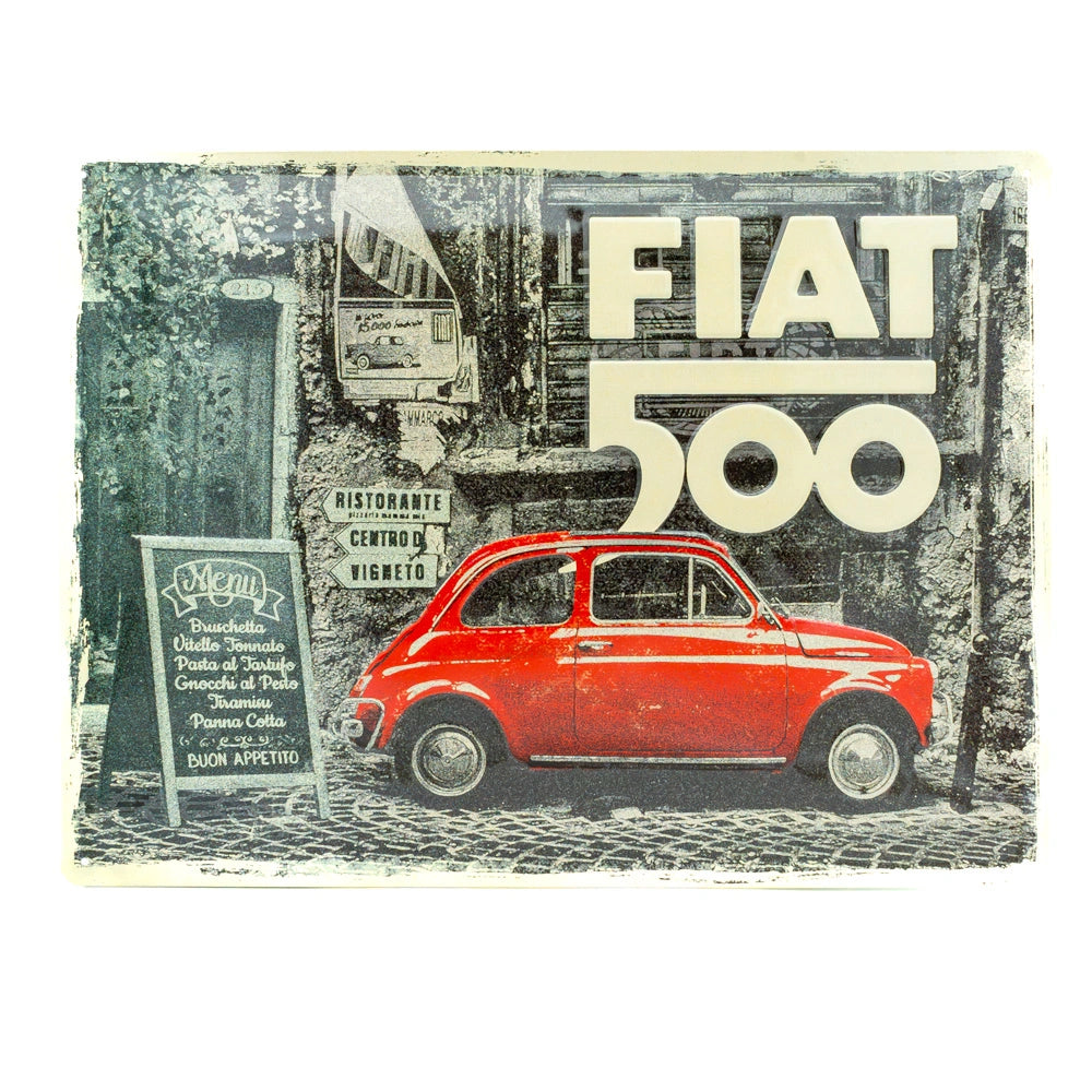 Metalen wandbord Fiat 500 Red car in the street 30x40cm | Nostalgic-Art