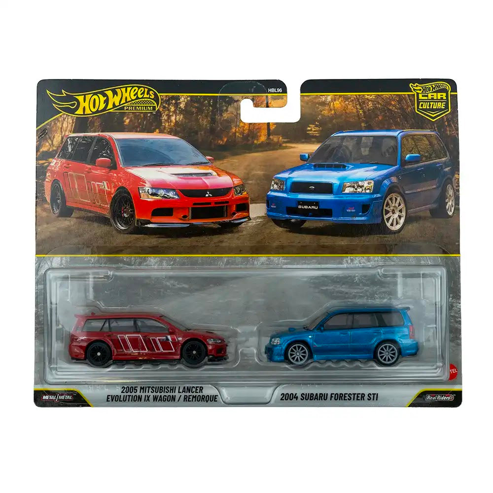 Hot Wheels Premium 2-Pack 2005 Mitsubishi Lancer Evolution IX Wagon / Remorque & 2004 Subaru Forester STI