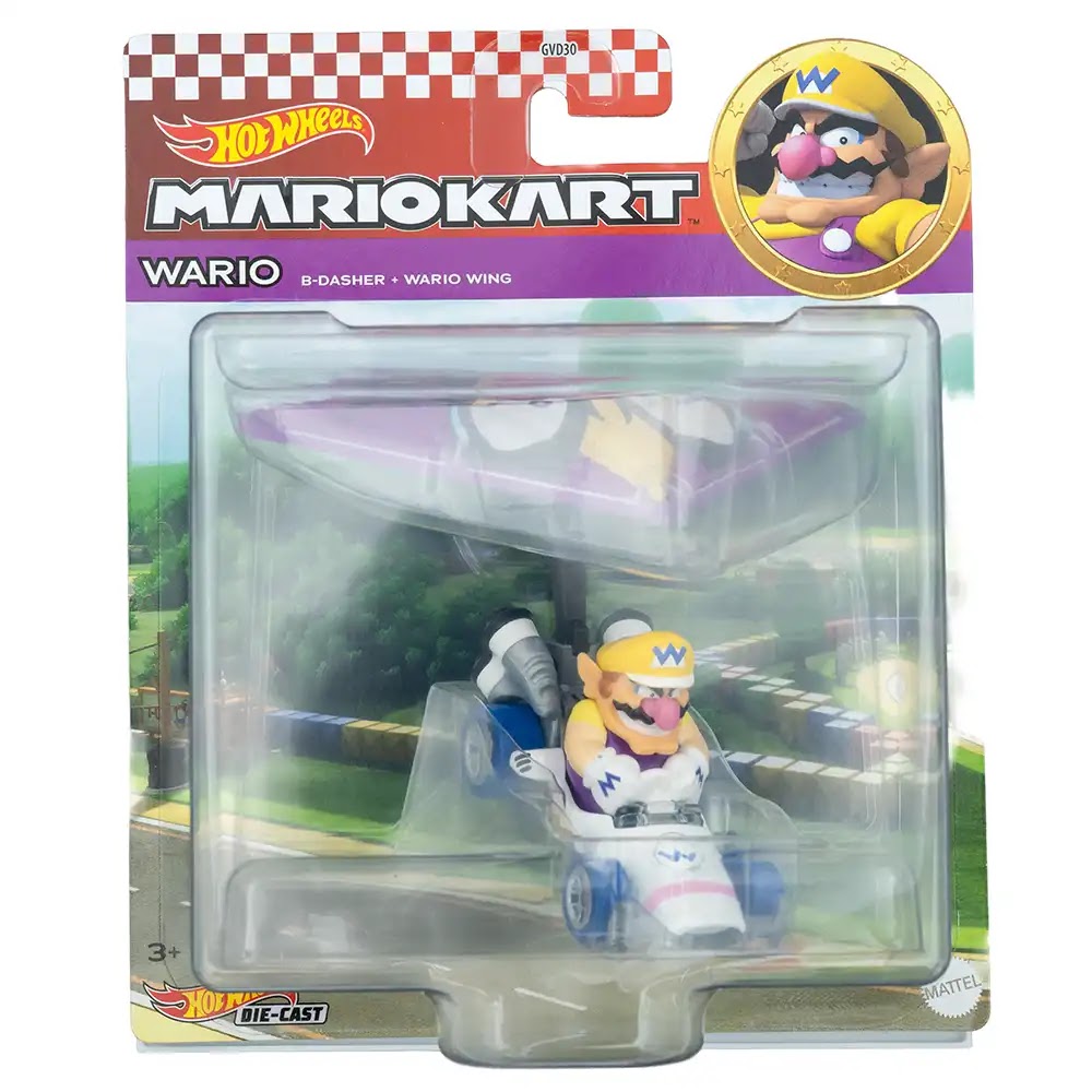 Hot Wheels Premium Wario B-Dasher + Wario Wing Bijeli | Mario Kart