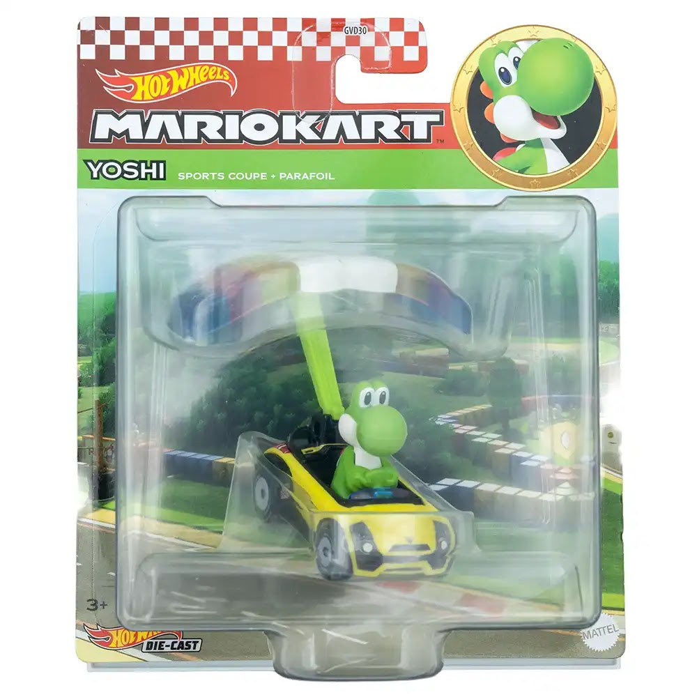 Hot Wheels Premium Yoshi Sports Coupe + Parafoil Žuti | Mario Kart